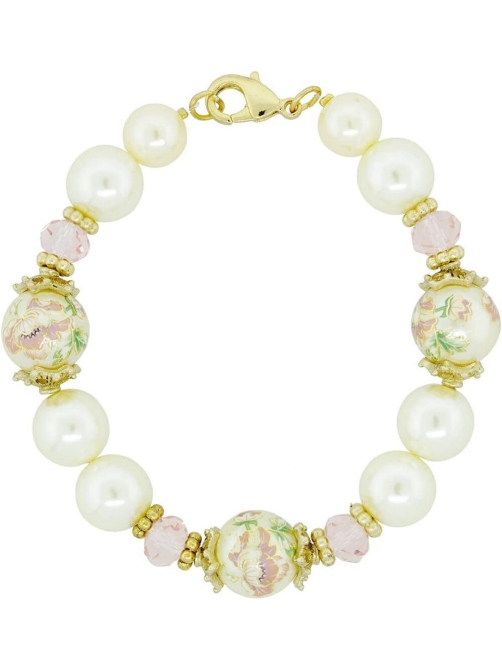 Elegant Gold Tone Flower Bracelet with Faux Pearls & Pink Crystals - Women's